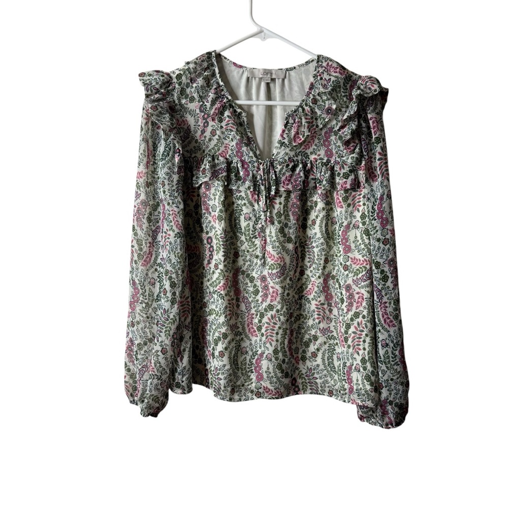LOFT Floral Ruffle V-Neck Blouse in Pink and Green